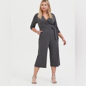 Torrid Charcoal Grey Knit Terry Self Tie Culotte Jumpsuit Women’s Plus Size 1X